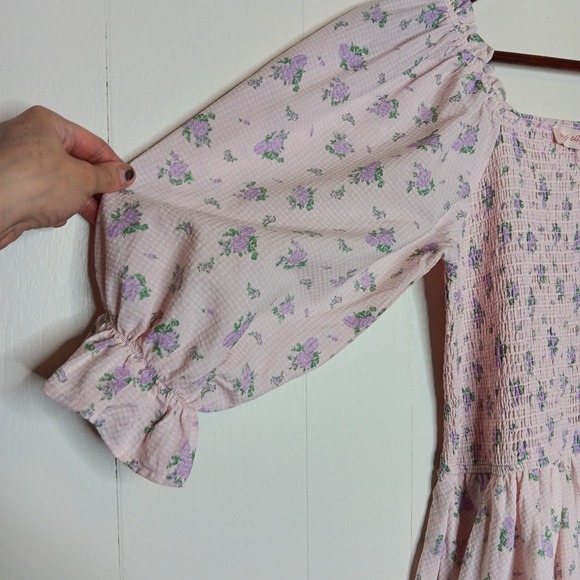 Ivy City Co Teagan Dress M Purple Gingham Floral Smocked Bodice Cottagecore NWT - Picture 3 of 11